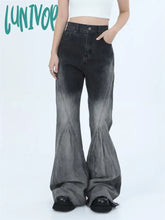 Lunivop Women’s Gradient Irregular Splicing Neutral Micro Flared Jeans Vintage Casual Denim